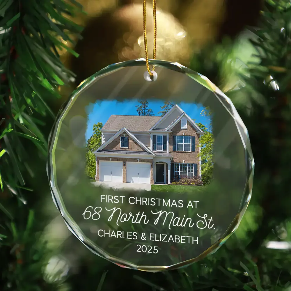 Custom Photo First Christmas At New Home Couple Family - Personalized Circle Glass Ornament - Image 3