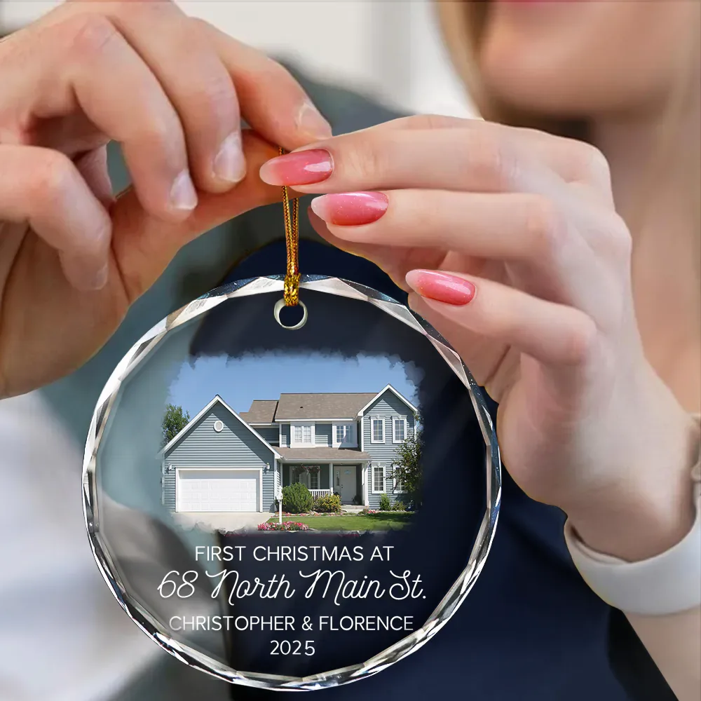 Custom Photo First Christmas At New Home Couple Family - Personalized Circle Glass Ornament - Image 4