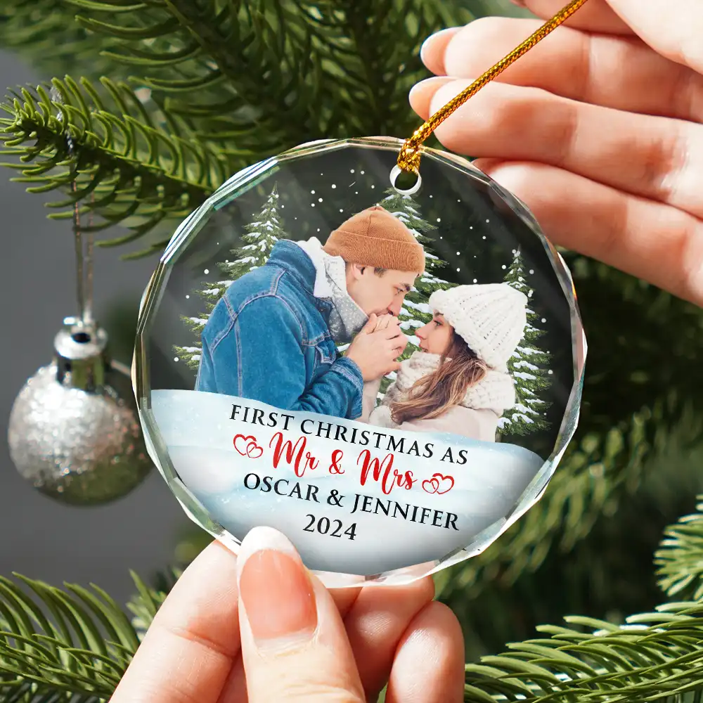 Custom Photo First Christmas Couples - Personalized Circle Glass Ornament - Image 3
