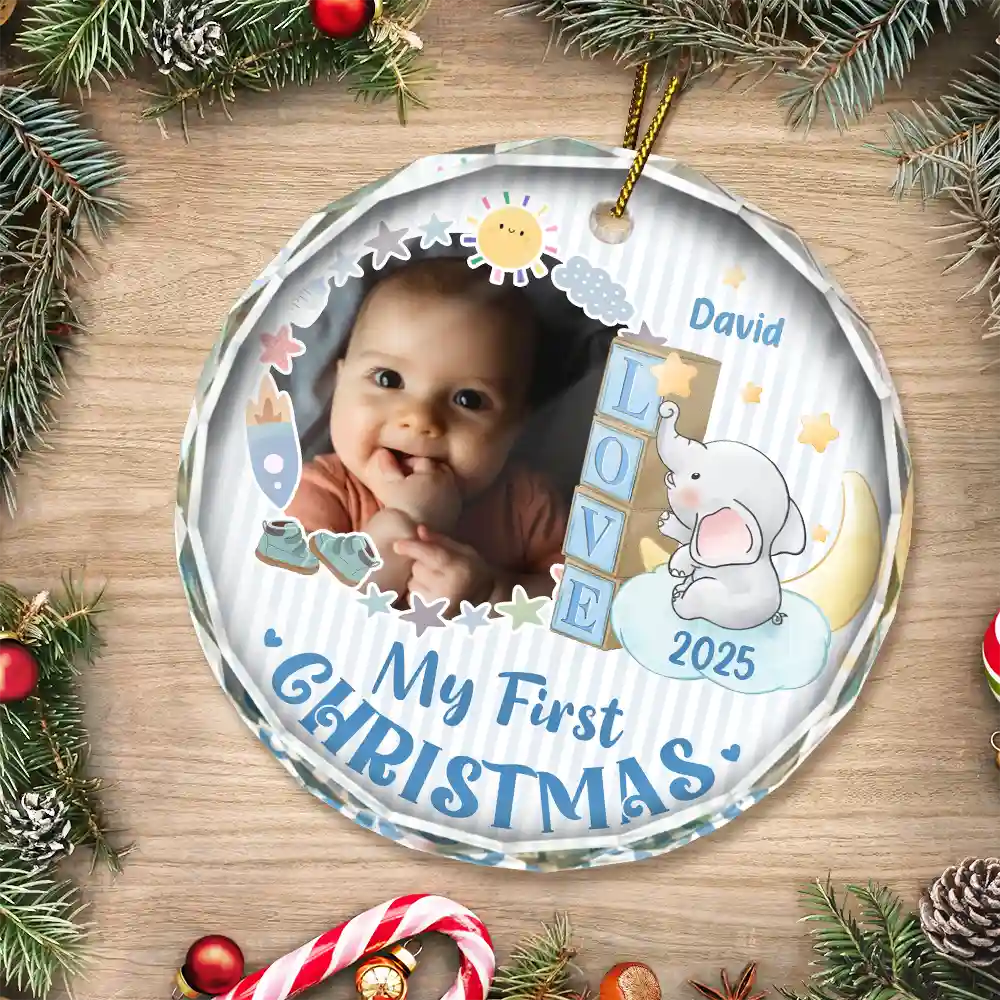 Custom Photo First Christmas Elephant Star - Personalized Circle Glass Ornament - Image 3