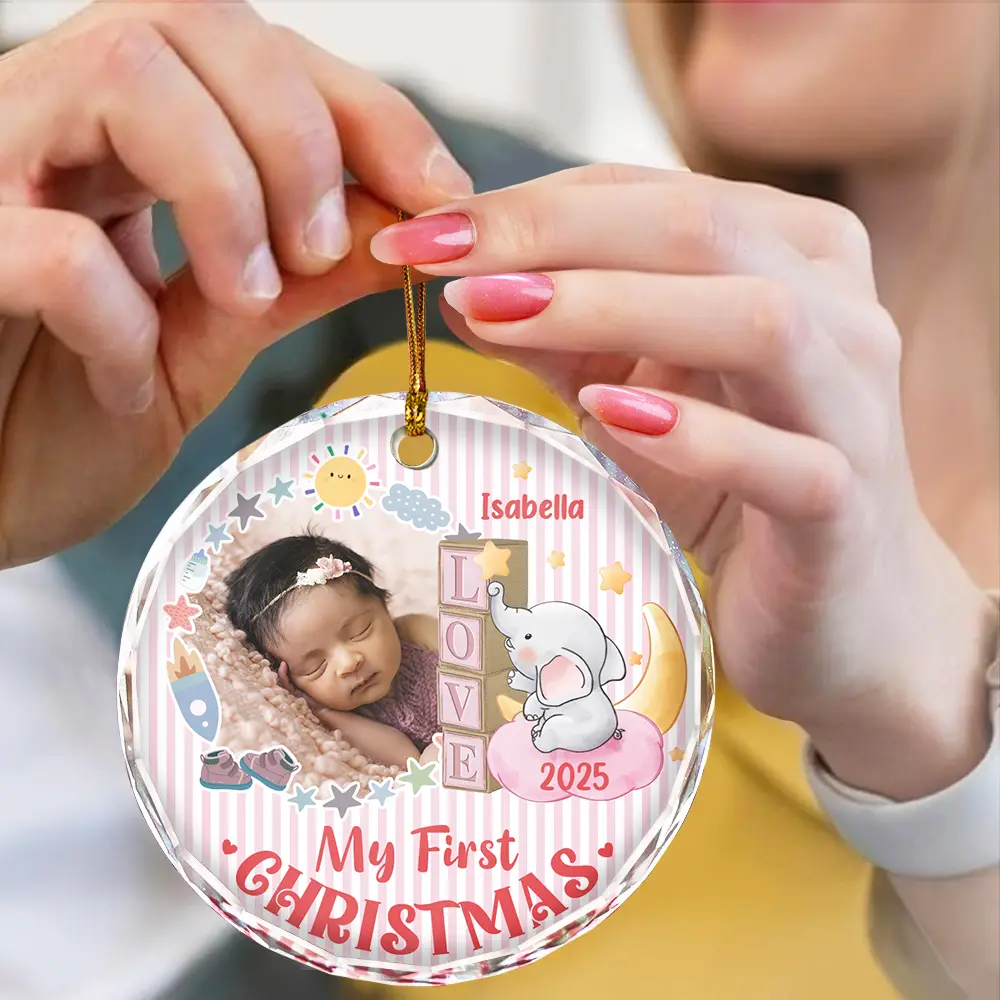 Custom Photo First Christmas Elephant Star - Personalized Circle Glass Ornament - Image 4