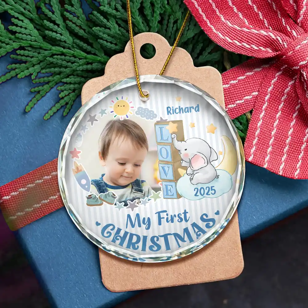 Custom Photo First Christmas Elephant Star - Personalized Circle Glass Ornament - Image 5
