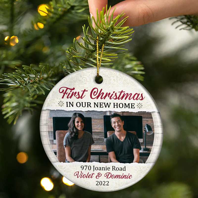 Custom Photo First Christmas In Our New Home - Christmas Gift For Family - Personalized Custom Circle Ceramic Ornament - Image 2