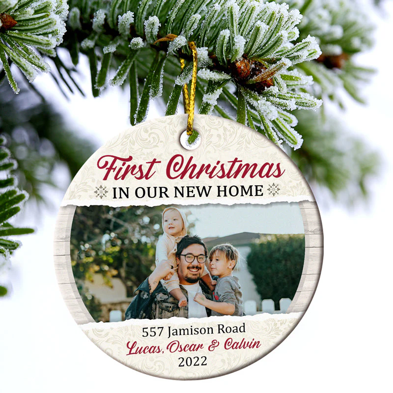 Custom Photo First Christmas In Our New Home - Christmas Gift For Family - Personalized Custom Circle Ceramic Ornament - Image 3