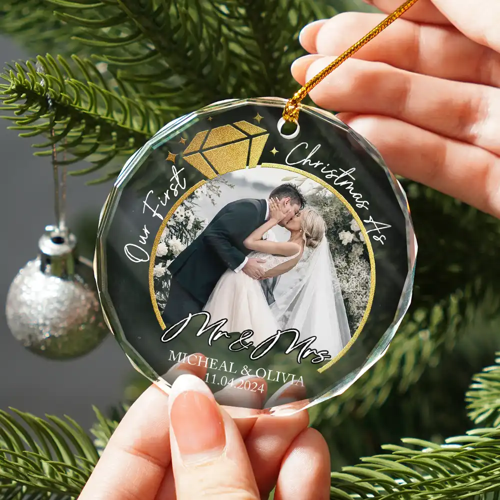 Custom Photo First Christmas Married Couple Ring - Personalized Circle Glass Ornament - Image 2