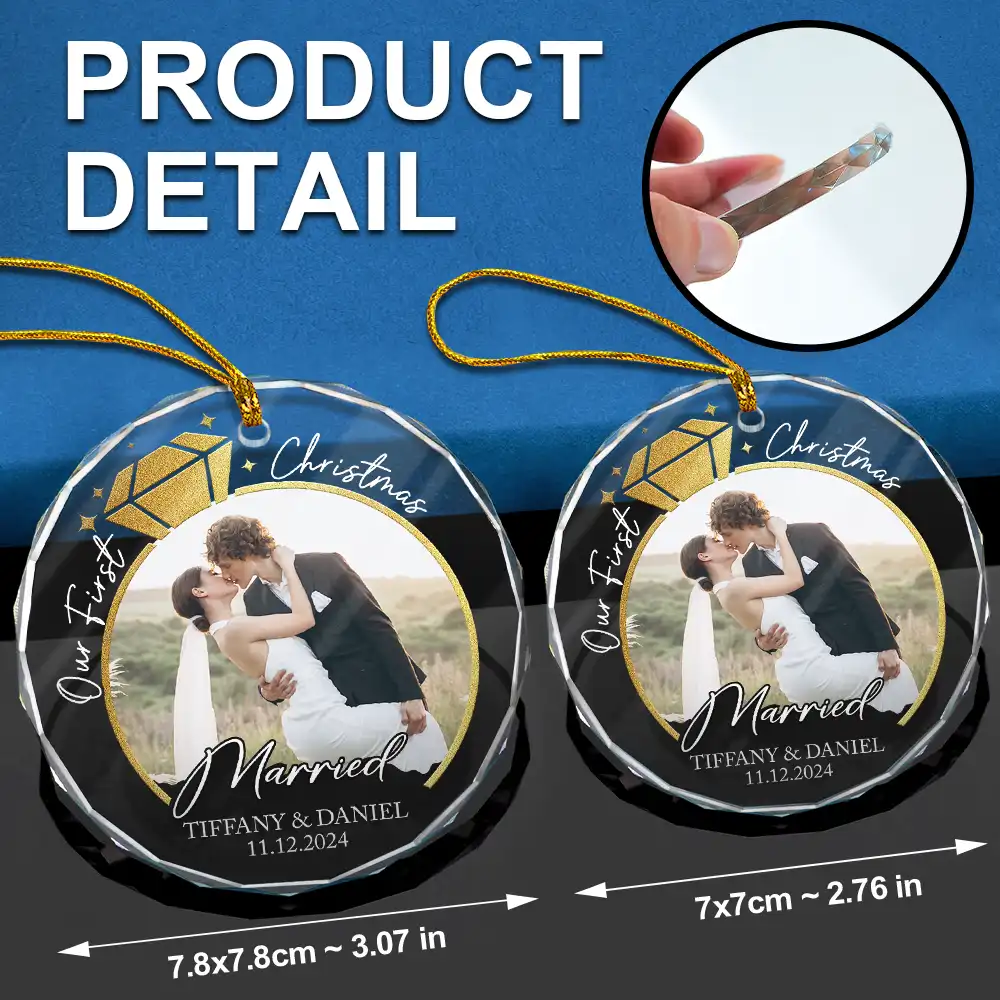Custom Photo First Christmas Married Couple Ring - Personalized Circle Glass Ornament - Image 6