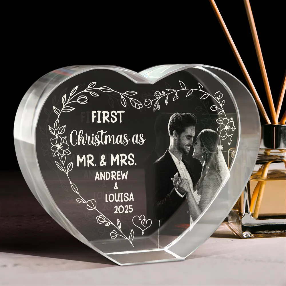 Custom Photo First Christmas Married - Personalized Crystal Heart - Image 3