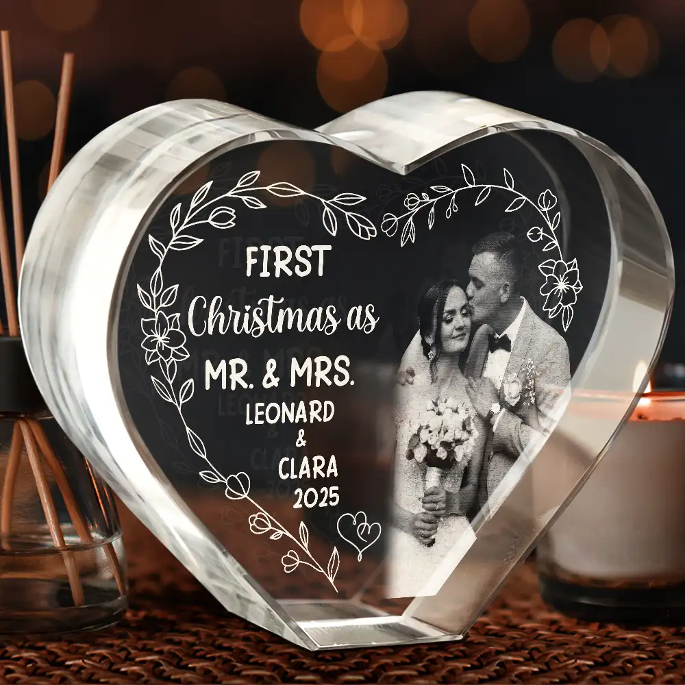 Custom Photo First Christmas Married - Personalized Crystal Heart - Image 4