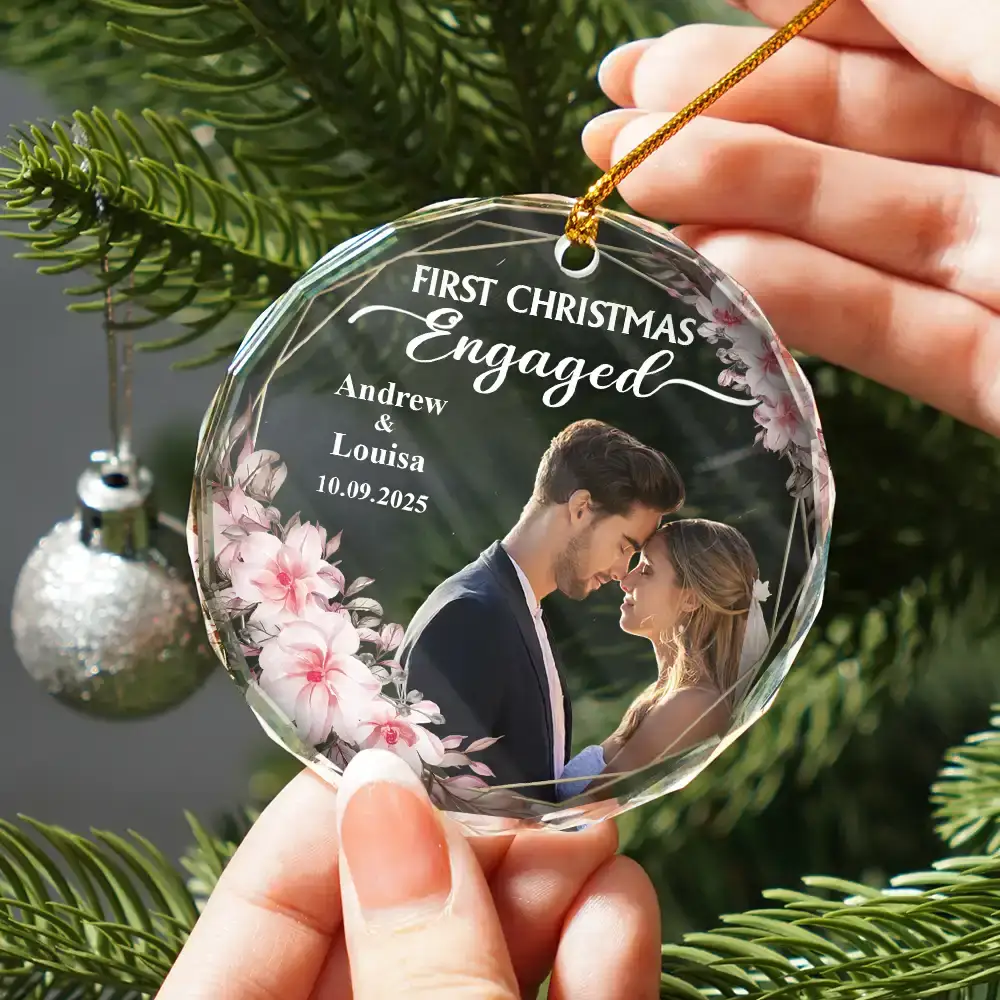 Custom Photo First Christmas Married - Personalized Glass Ornament - Image 3