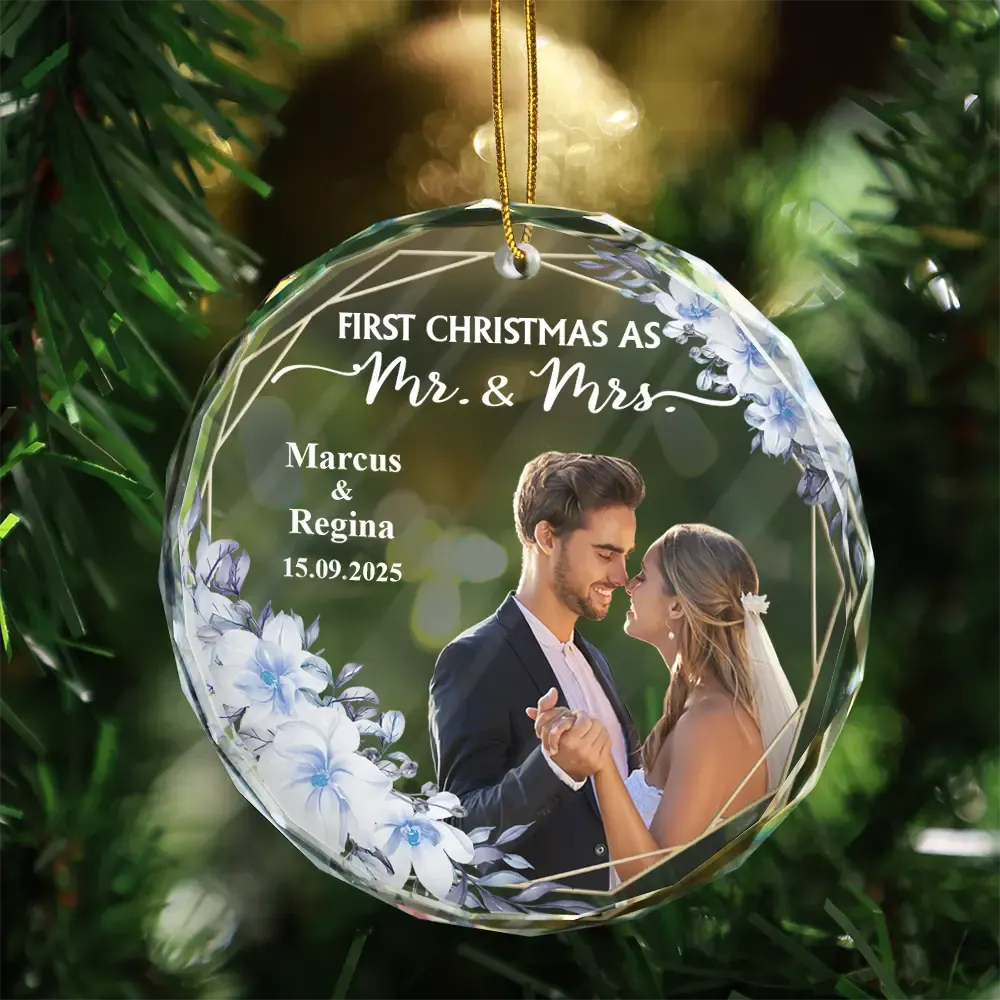 Custom Photo First Christmas Married - Personalized Glass Ornament - Image 4