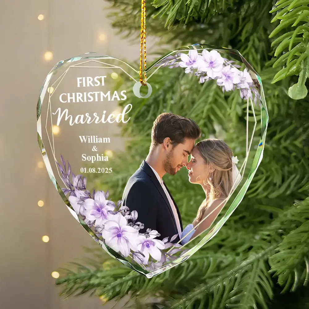 Custom Photo First Christmas Married - Personalized Glass Ornament - Image 5