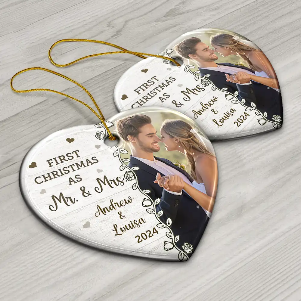 Custom Photo First Christmas Married - Personalized Heart Ceramic Ornament - Image 6