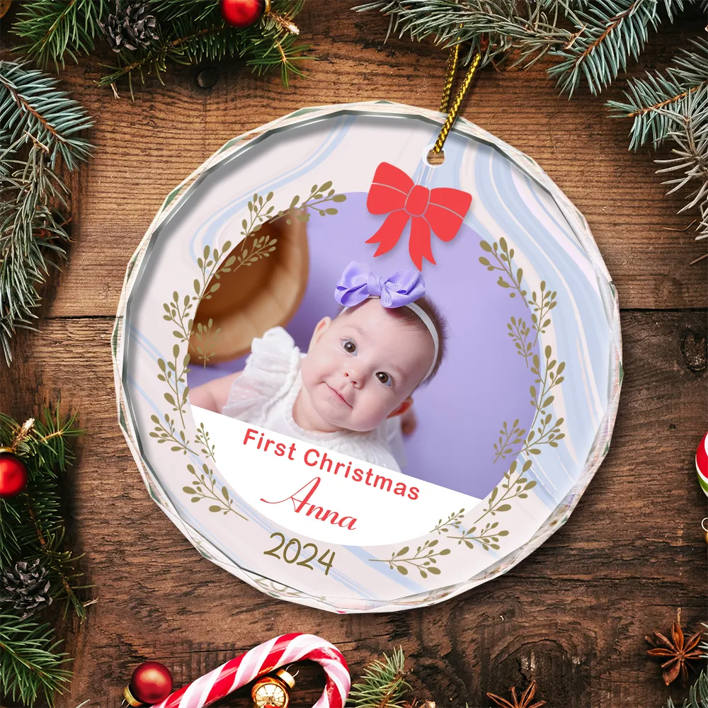 Custom Photo First Christmas - Personalized Circle Glass Ornament - Image 5