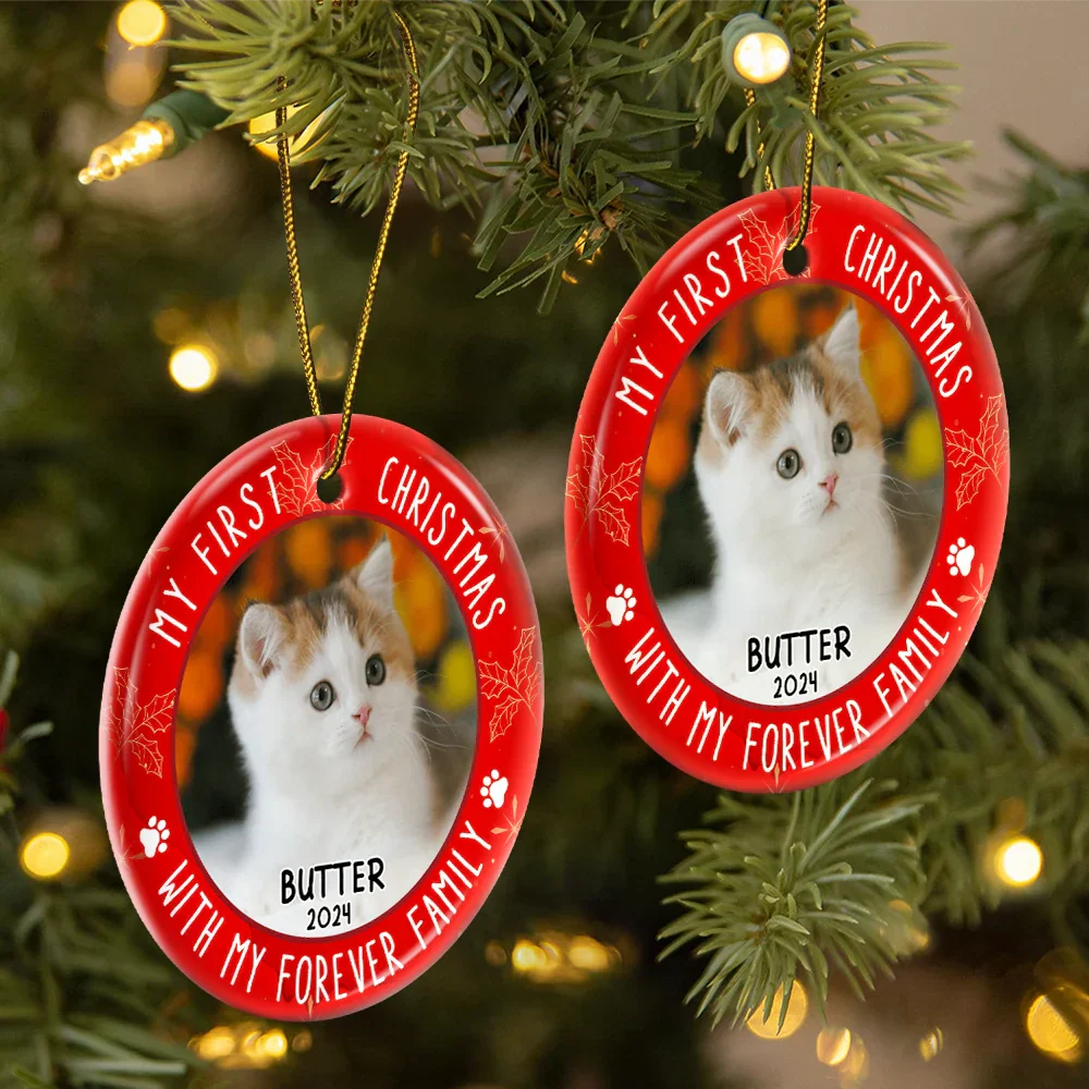 Custom Photo First Christmas Pet Lovers - Personalized Circle Ceramic Ornament - Image 2
