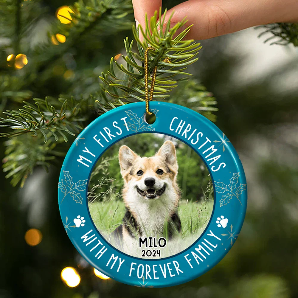 Custom Photo First Christmas Pet Lovers - Personalized Circle Ceramic Ornament - Image 3