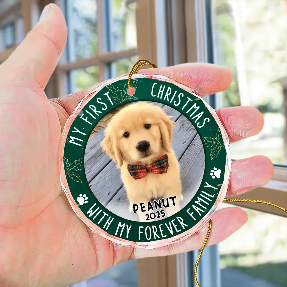 Custom Photo First Christmas Pet Lovers - Personalized Circle Glass Ornament - Image 4