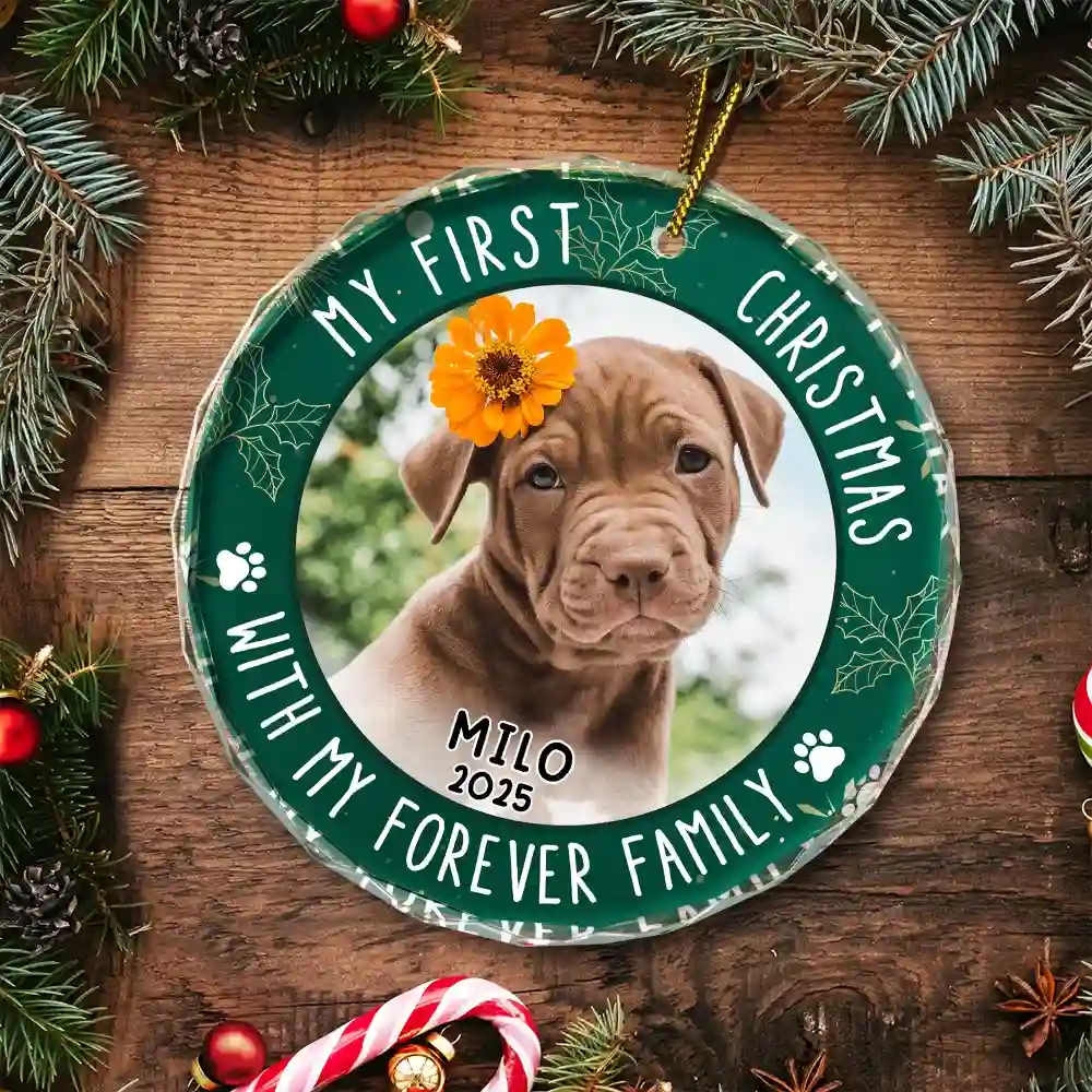 Custom Photo First Christmas Pet Lovers - Personalized Circle Glass Ornament - Image 5