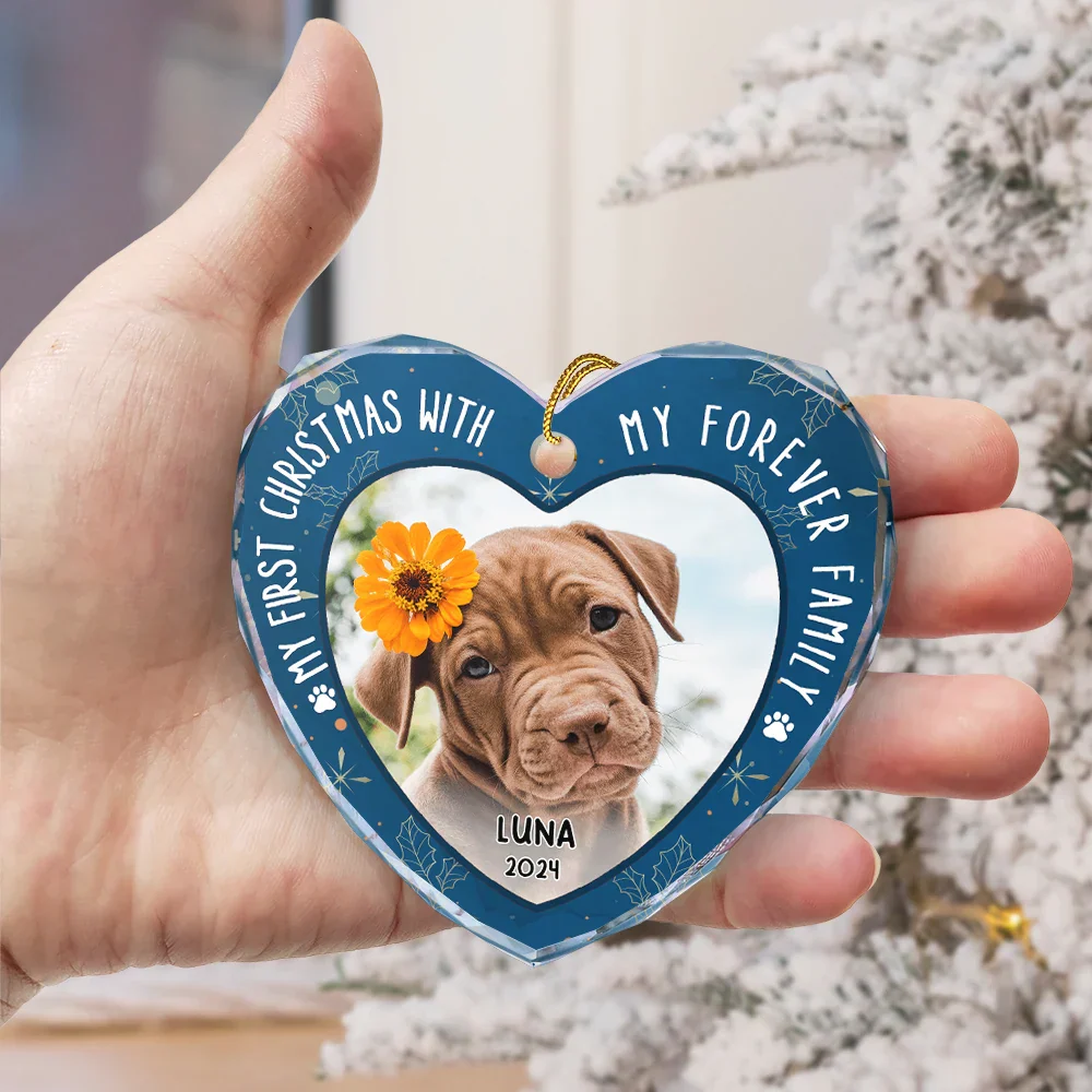Custom Photo First Christmas Pet Lovers - Personalized Heart Shaped Glass Ornament - Image 3