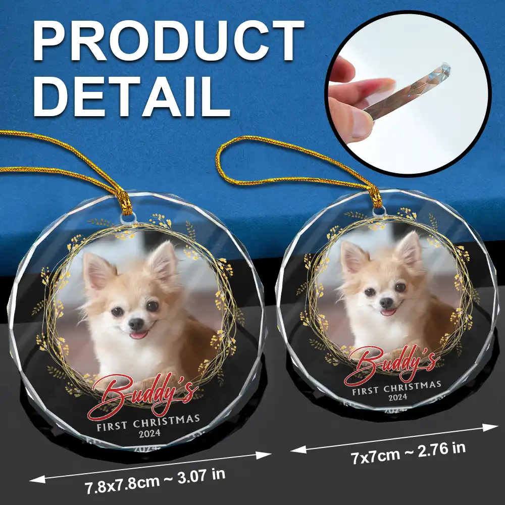 Custom Photo First Christmas Pet - Personalized Circle Glass Ornament - Image 6