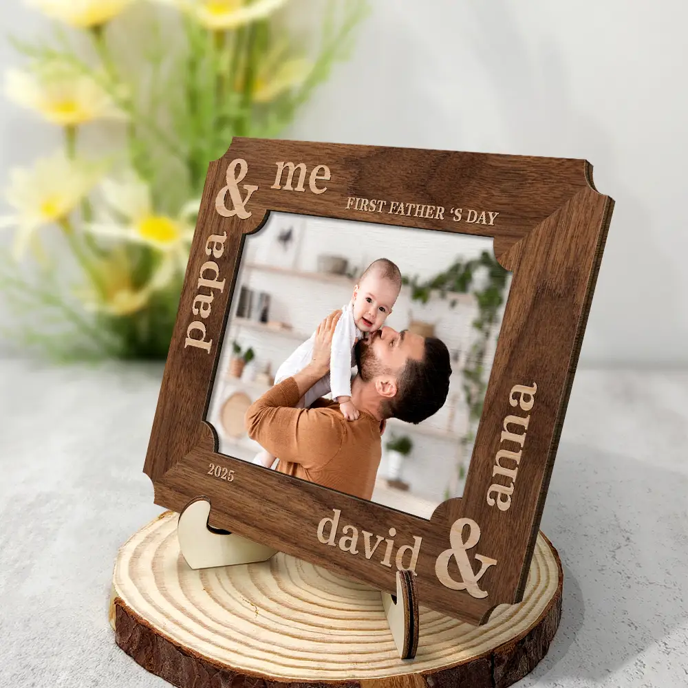 Custom Photo First Father's Day Ever Dad And Baby - Personalized 2-Layered Wooden Plaque With Stand - Image 2