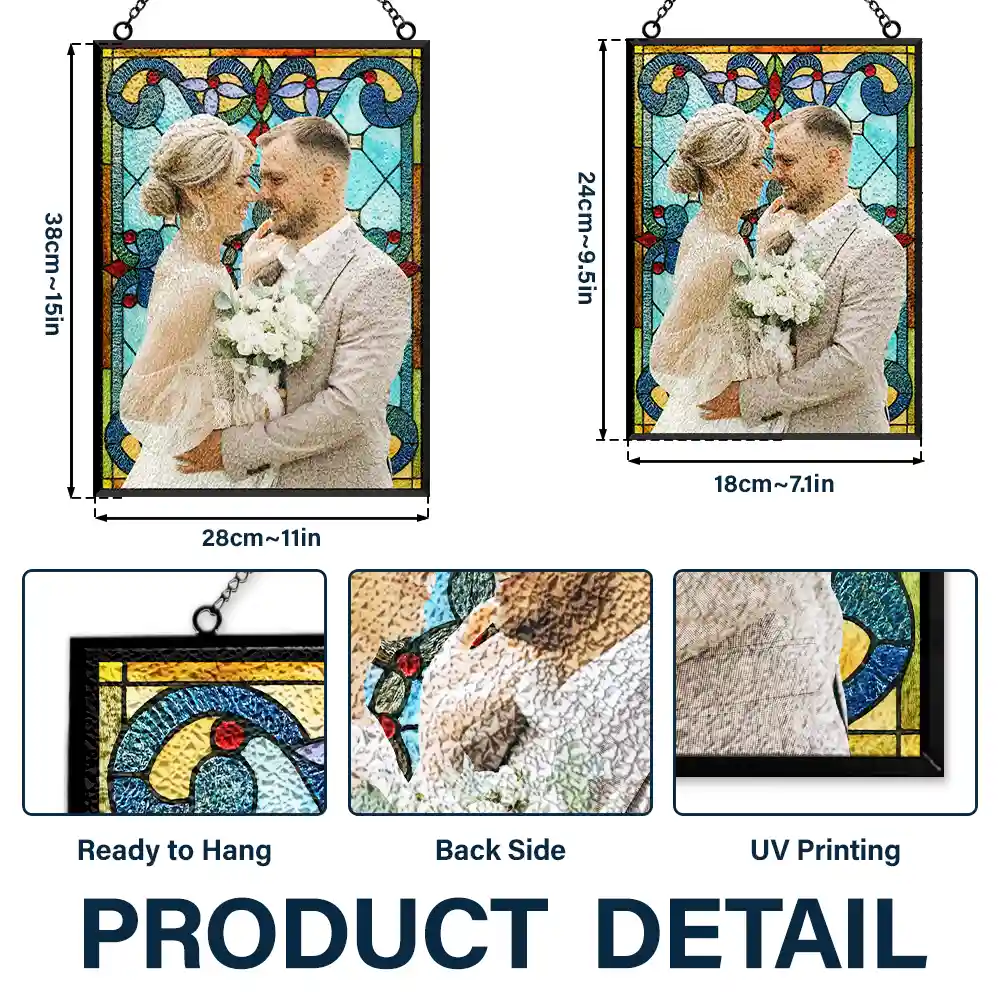 Custom Photo First Year Married Couple Wedding Anniversary Gift - Personalized Vertical Stained Glass Suncatcher - Image 4