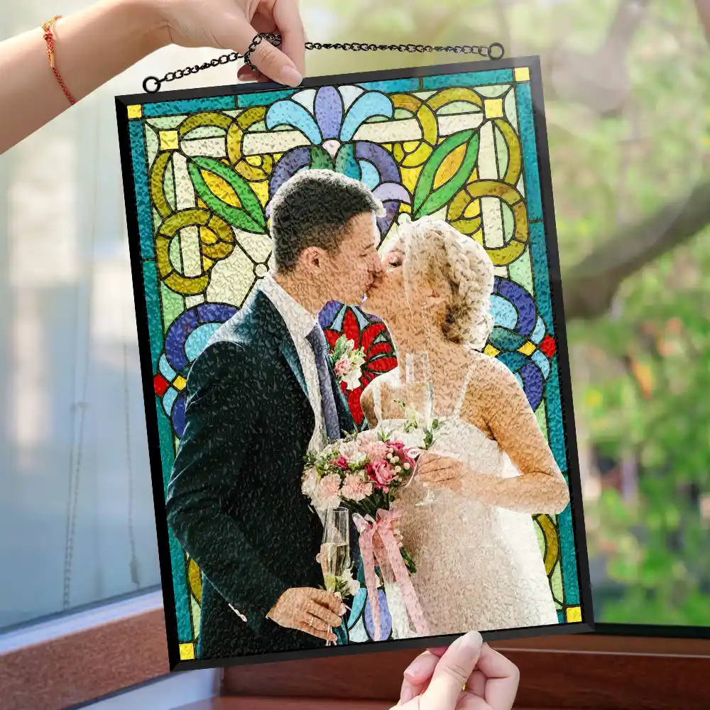 Custom Photo First Year Married Couple Wedding Anniversary Gift - Personalized Vertical Stained Glass Suncatcher - Image 5