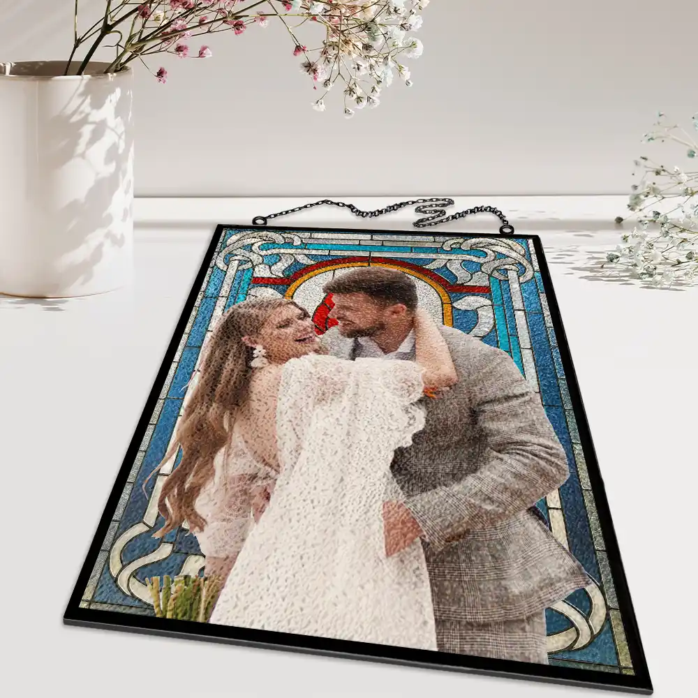 Custom Photo First Year Married Couple Wedding Anniversary Gift - Personalized Vertical Stained Glass Suncatcher - Image 6