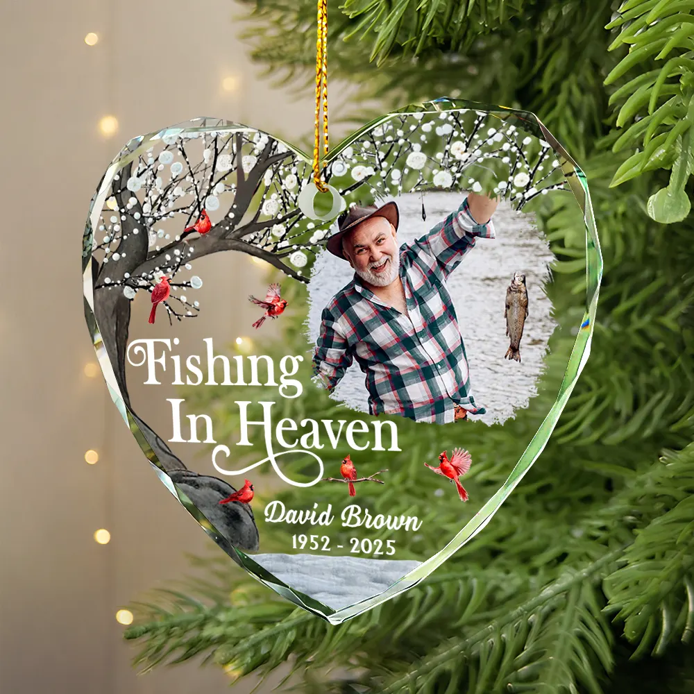 Custom Photo Fishing In Heaven Memorial - Personalized Heart Shaped Glass Ornament - Image 2