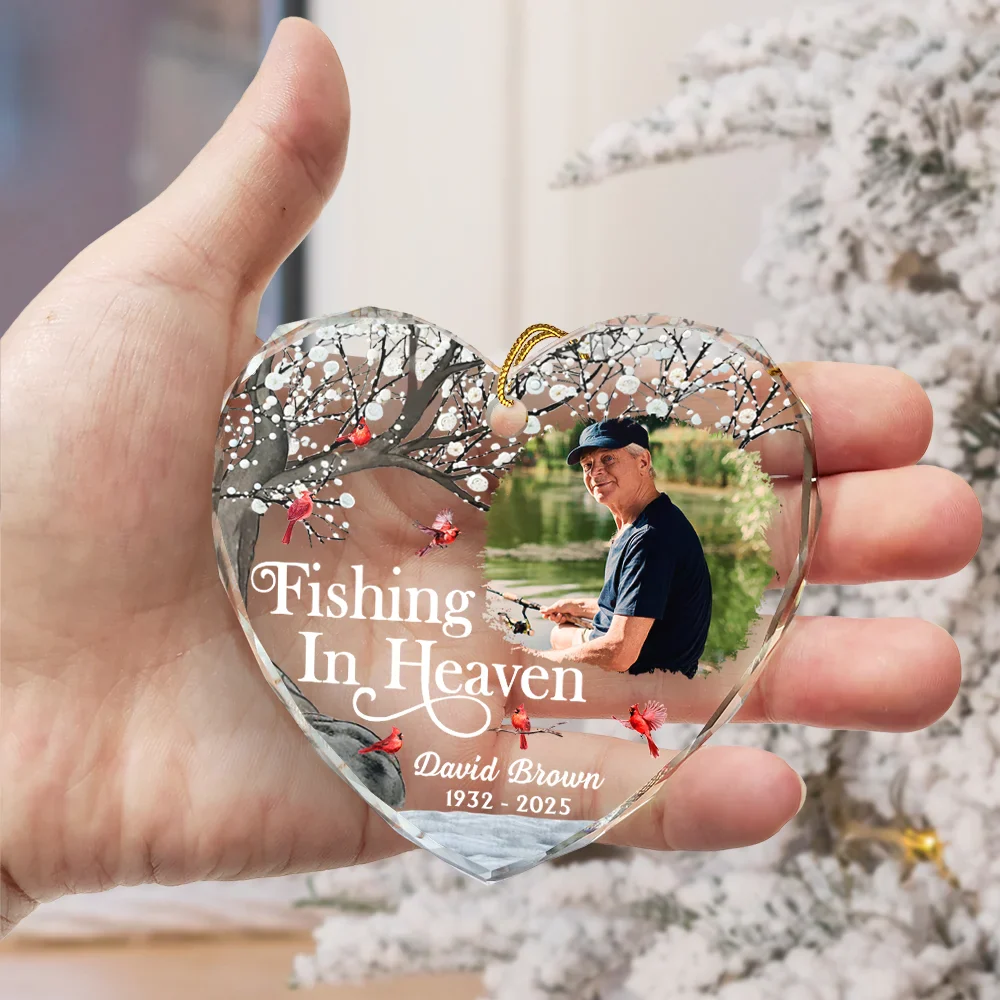 Custom Photo Fishing In Heaven Memorial - Personalized Heart Shaped Glass Ornament - Image 3