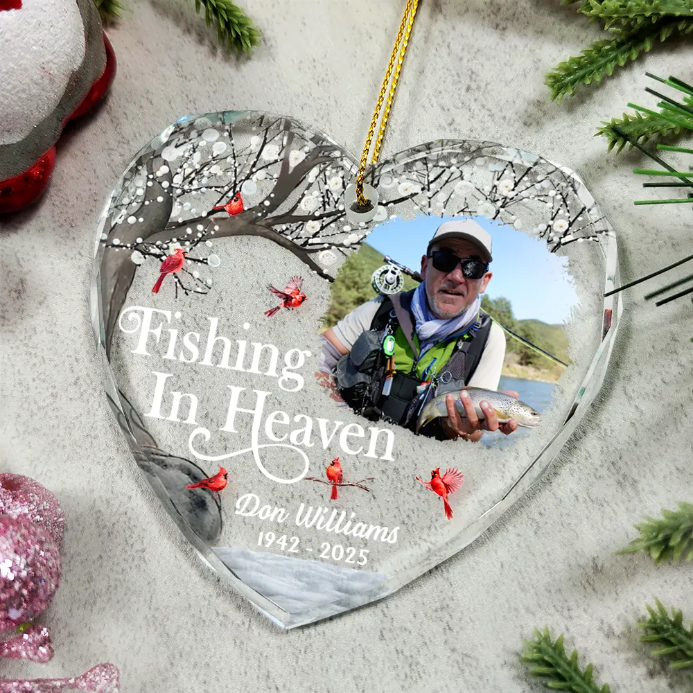 Custom Photo Fishing In Heaven Memorial - Personalized Heart Shaped Glass Ornament - Image 4