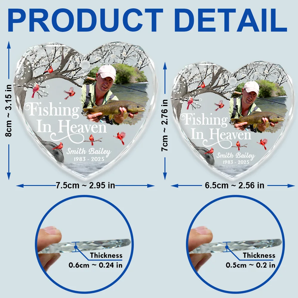Custom Photo Fishing In Heaven Memorial - Personalized Heart Shaped Glass Ornament - Image 5