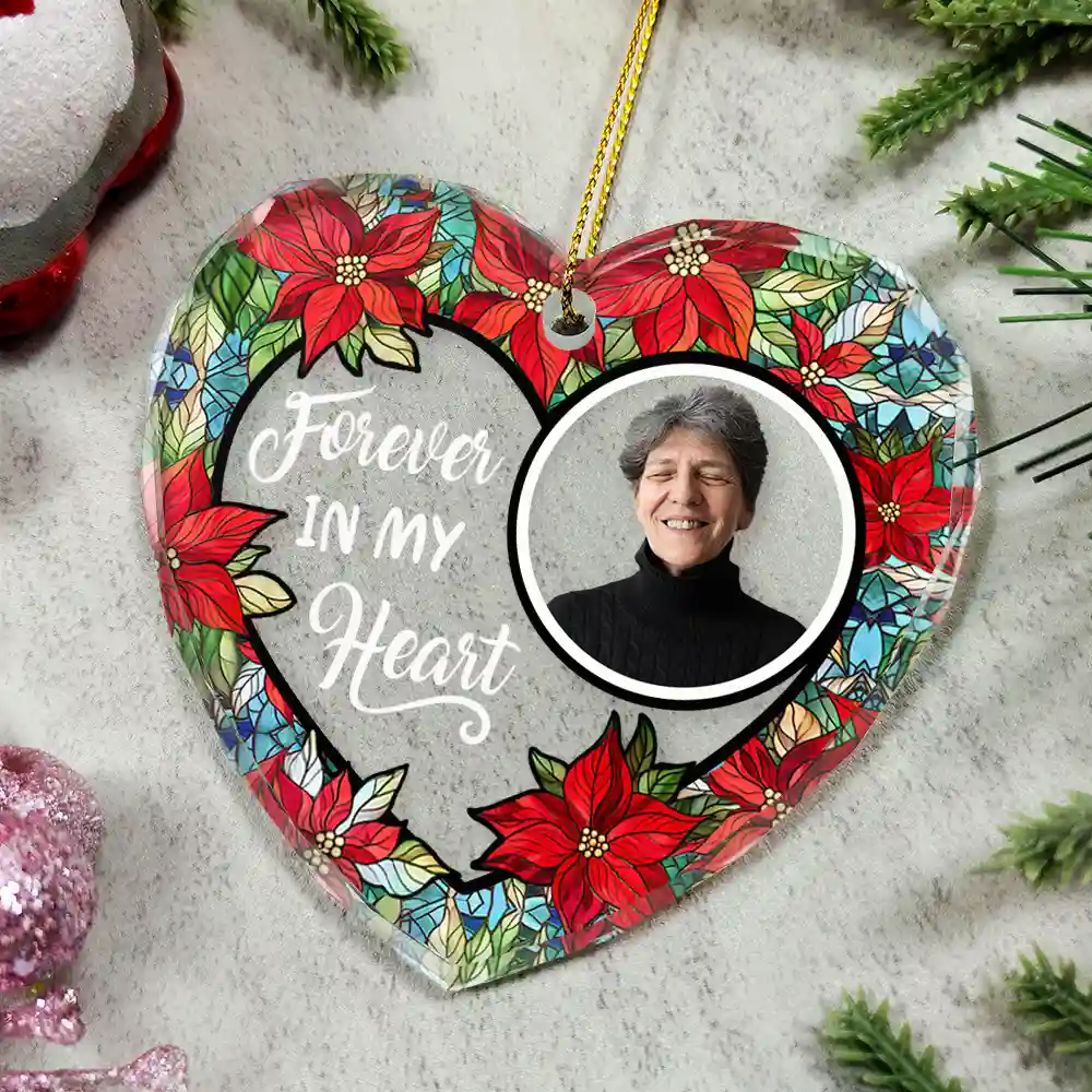 Custom Photo Floral Forever In Our Hearts - Personalized Heart Shaped Glass Ornament - Image 5