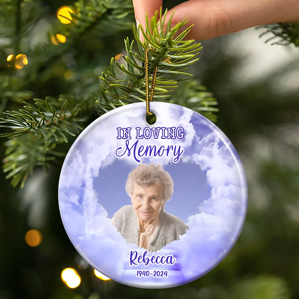 Custom Photo Forever In Our Hearts Memorial - Personalized Circle Ceramic Ornament - Image 4