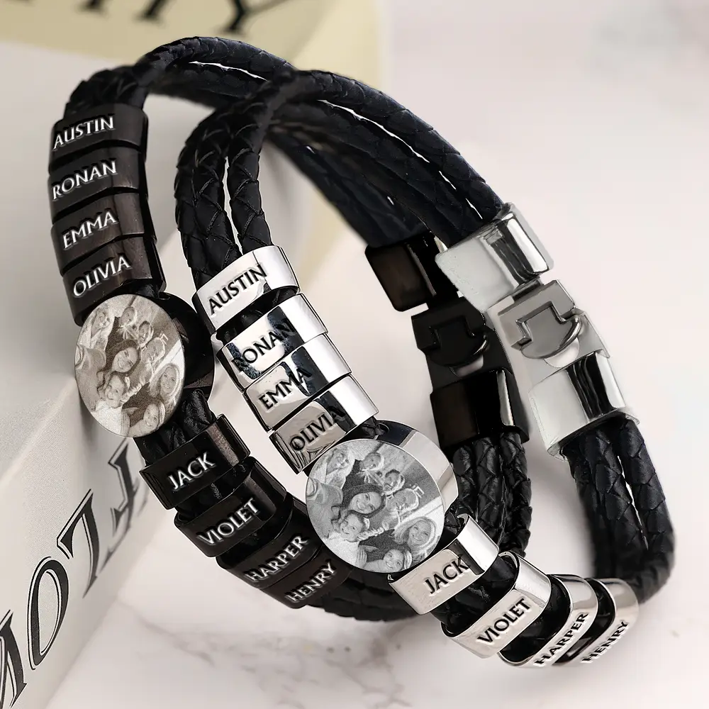 Custom Photo Forever Love Dad Mom Children Family - Personalized Leather Braided Bracelet - Image 3