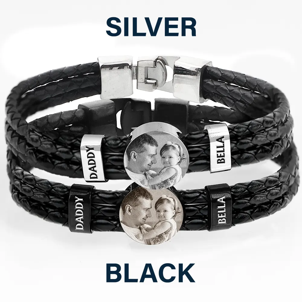 Custom Photo Forever Love Dad Mom Children Family - Personalized Leather Braided Bracelet - Image 4