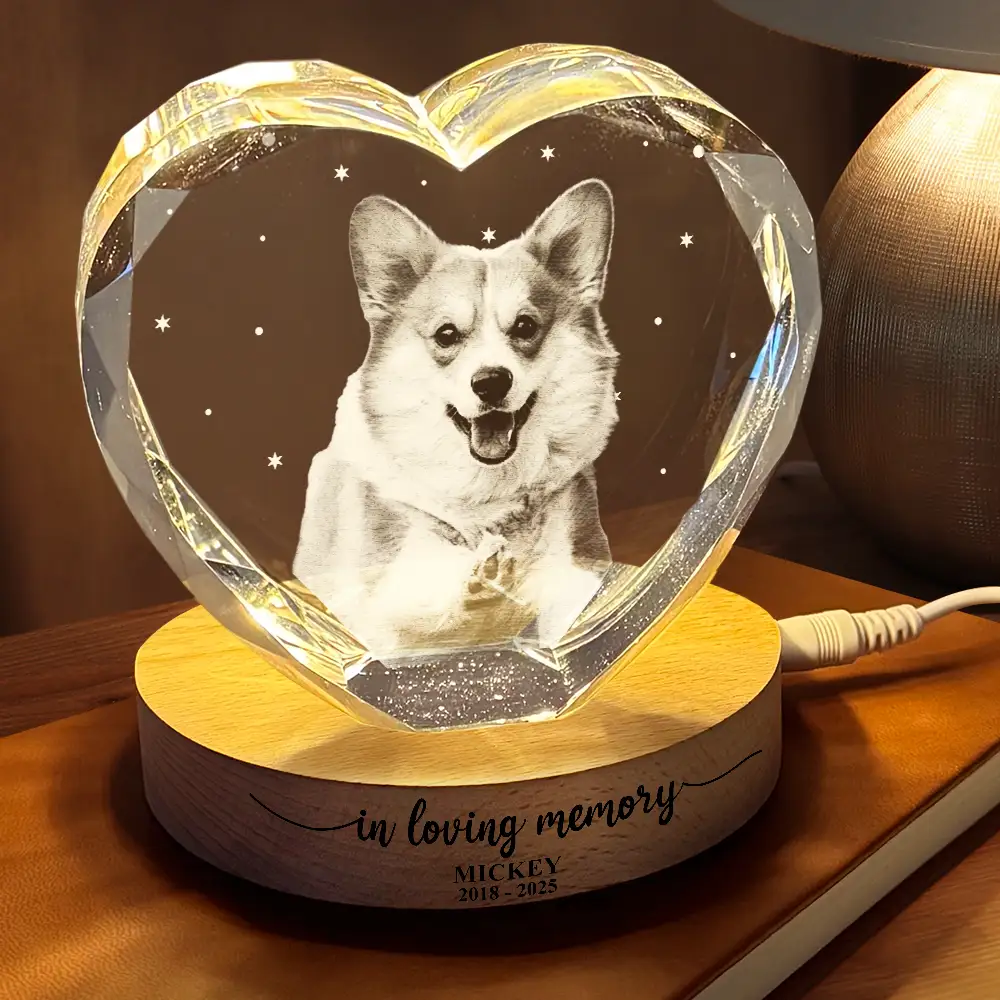 Custom Photo Forever Loved Memorial Dog Cat - Personalized Crystal Heart Shaped Lamp - Image 3