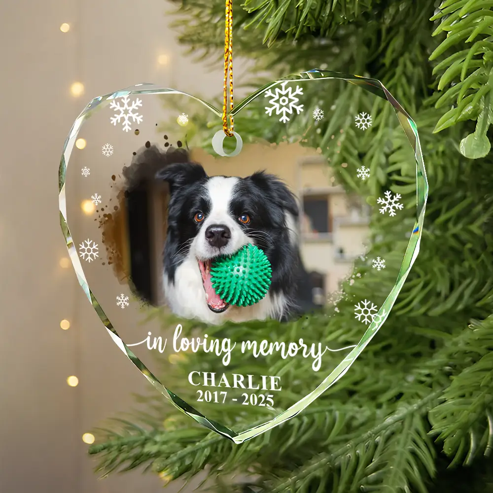 Custom Photo Forever Loved Memorial Dog Cat - Personalized Heart Shaped Glass Ornament - Image 2