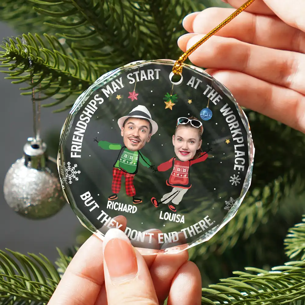 Custom Photo Friendships May Start At The Workplace Christmas Colleagues - Personalized Circle Glass Ornament - Image 3