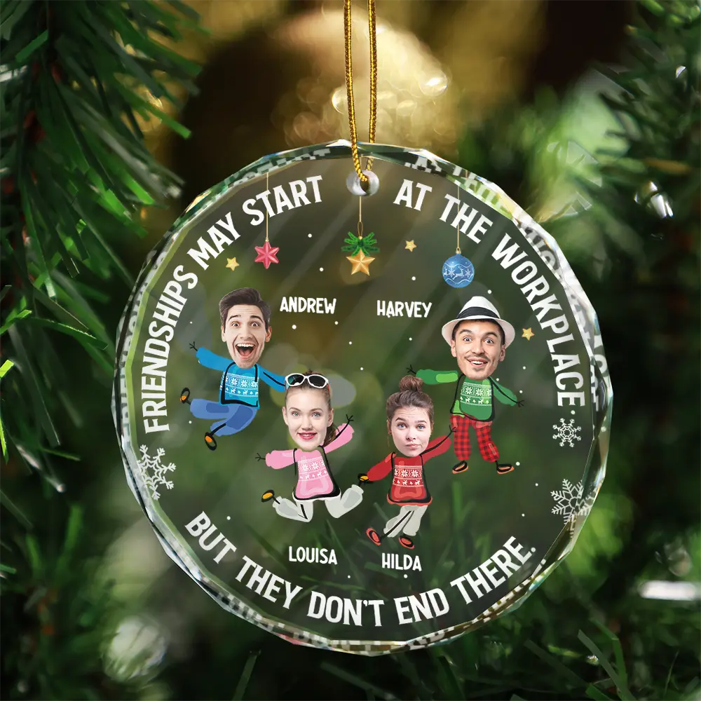 Custom Photo Friendships May Start At The Workplace Christmas Colleagues - Personalized Circle Glass Ornament - Image 4