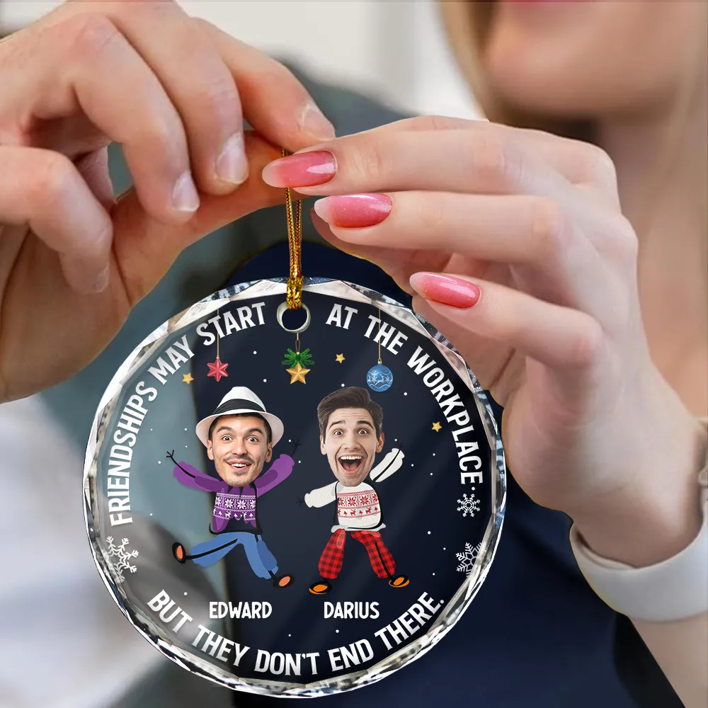 Custom Photo Friendships May Start At The Workplace Christmas Colleagues - Personalized Circle Glass Ornament - Image 5