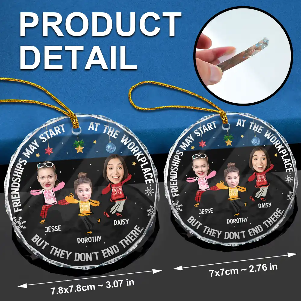 Custom Photo Friendships May Start At The Workplace Christmas Colleagues - Personalized Circle Glass Ornament - Image 7