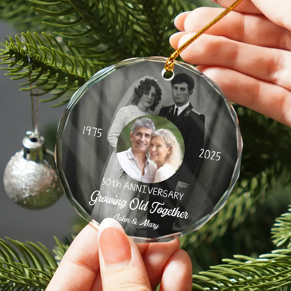 Custom Photo From Then Until Now Growing Old Together Since - Personalized Circle Glass Ornament - Image 2
