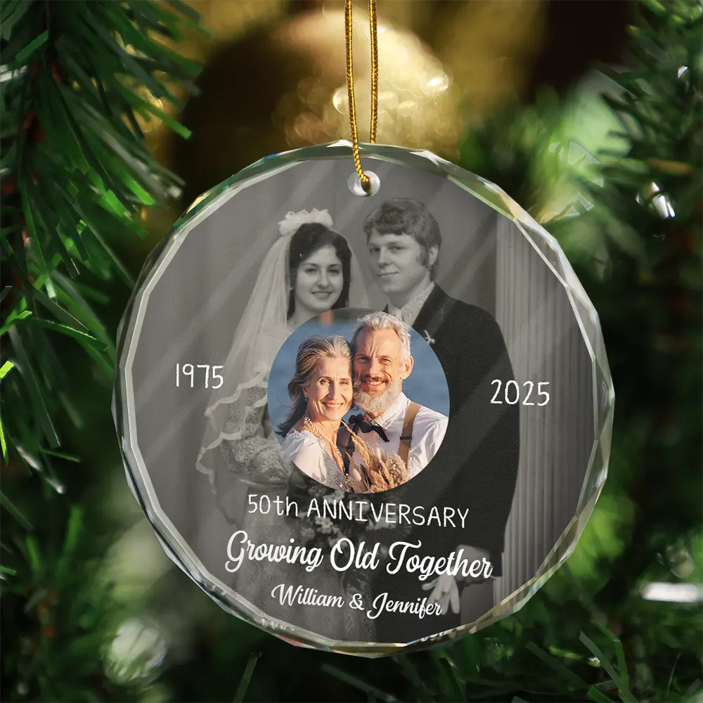 Custom Photo From Then Until Now Growing Old Together Since - Personalized Circle Glass Ornament - Image 3