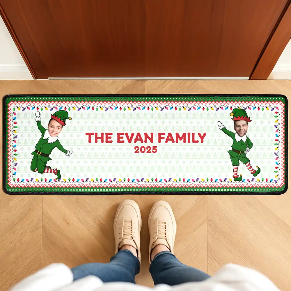 Custom Photo Funny Christmas Elf Family Face Cut - Personalized Runner Rug - Image 3