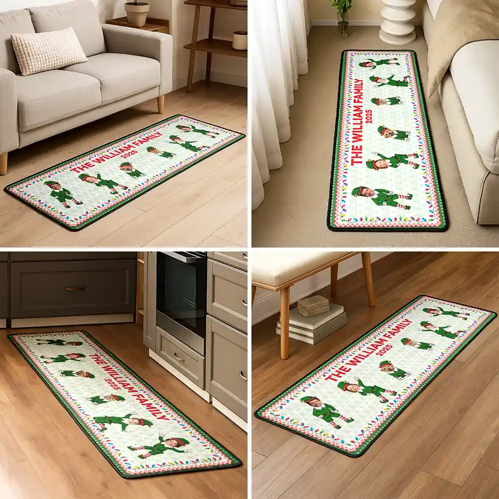 Custom Photo Funny Christmas Elf Family Face Cut - Personalized Runner Rug - Image 6