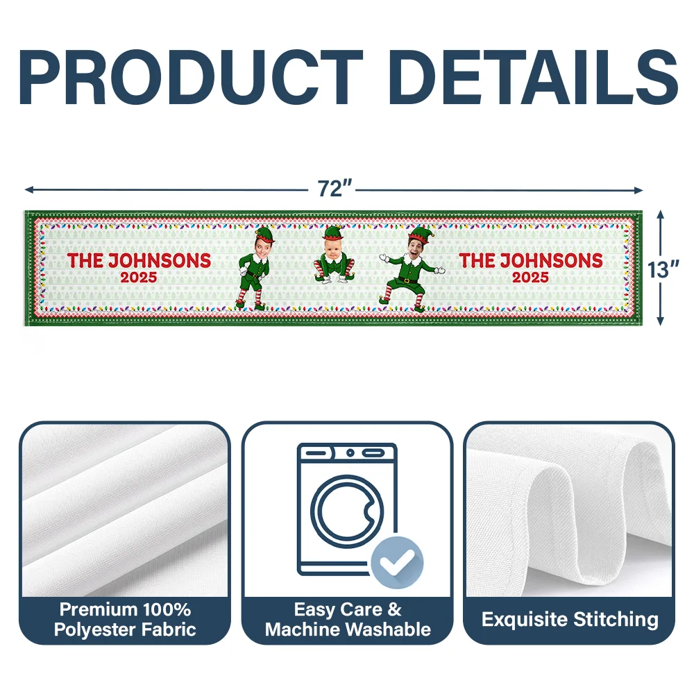 Custom Photo Funny Christmas Elf Family Face Cut - Personalized Table Runner - Image 6