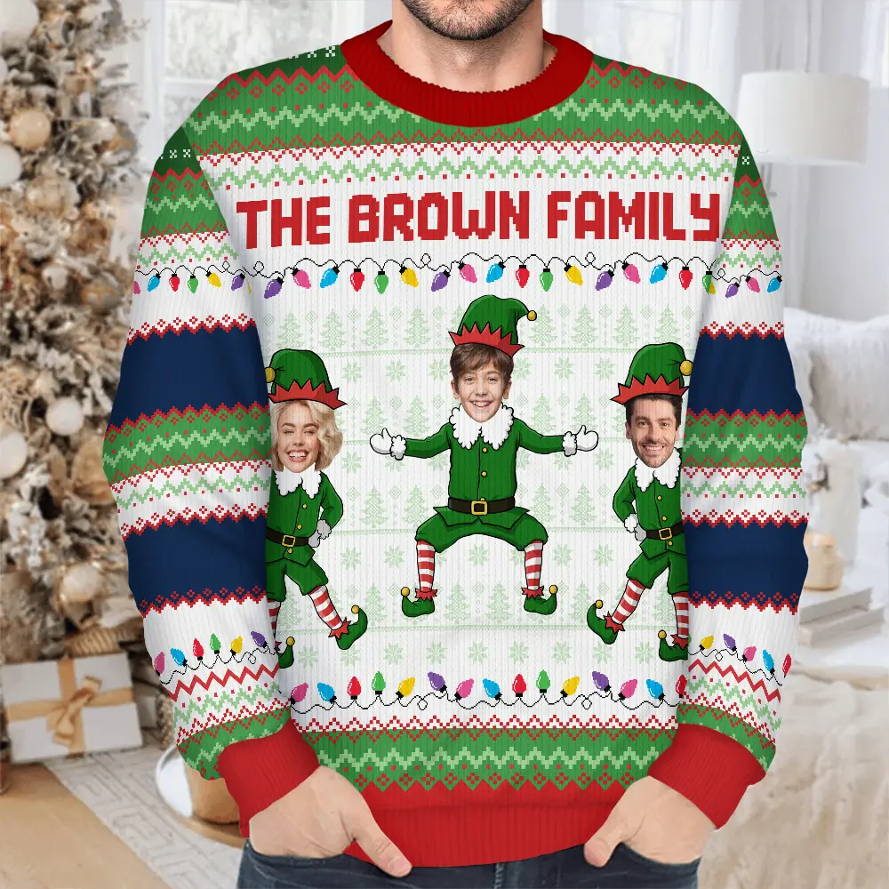 Custom Photo Funny Christmas Elf Family Face Cut - Personalized Unisex Ugly Sweater - Image 5