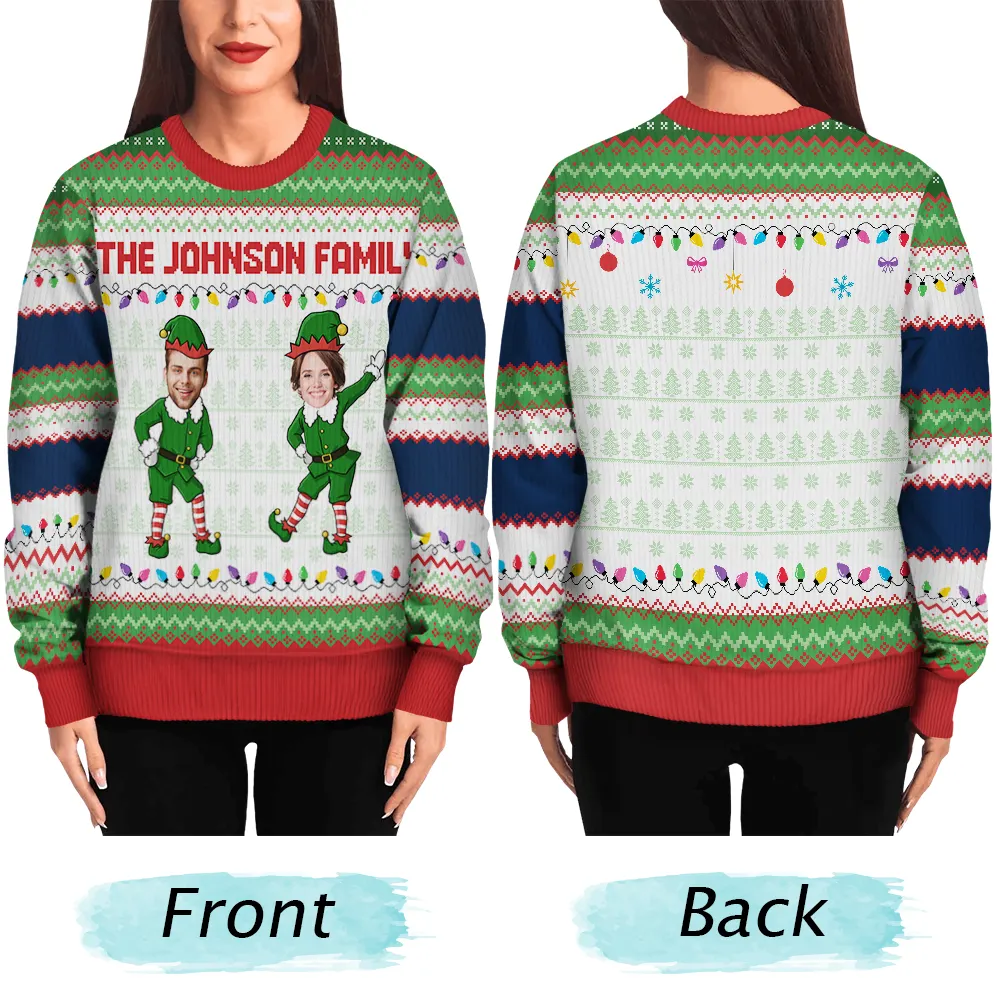 Custom Photo Funny Christmas Elf Family Face Cut - Personalized Unisex Ugly Sweater - Image 6
