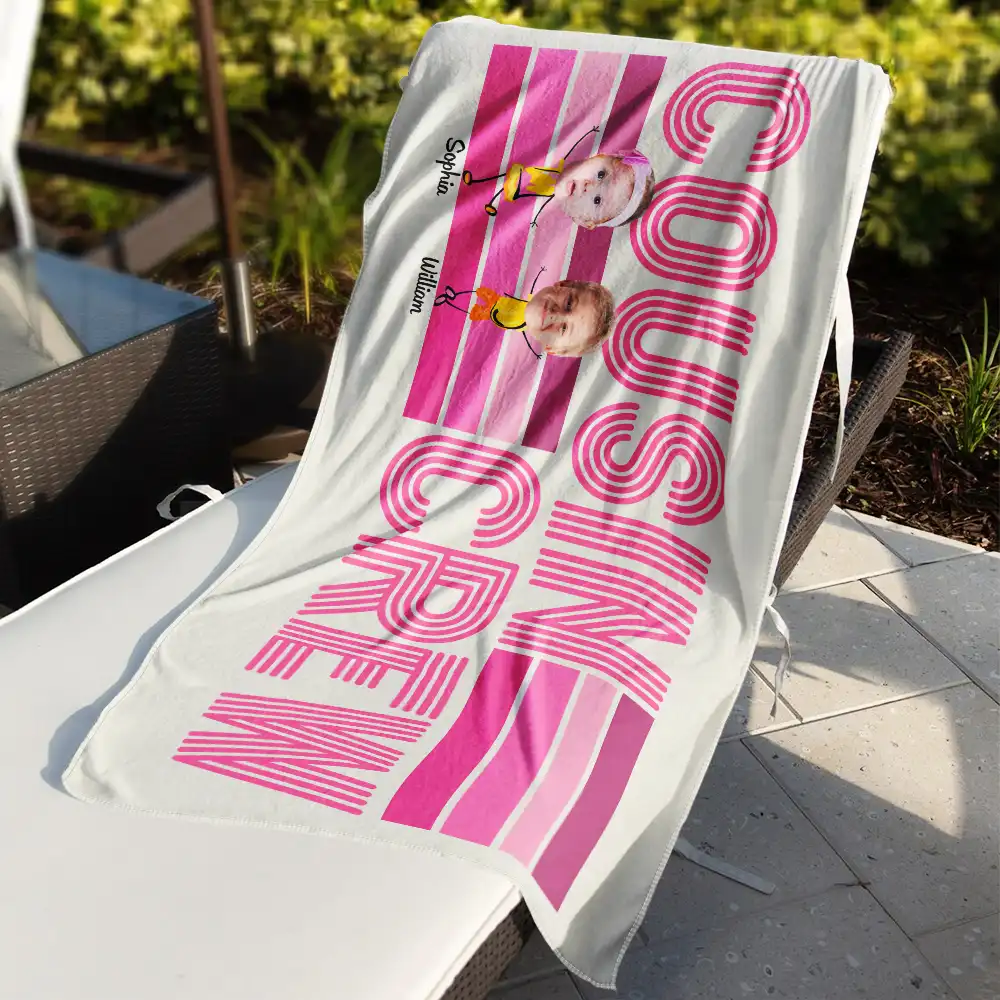 Custom Photo Funny Cousin Crew Retro Stripe - Personalized Beach Towel - Image 4