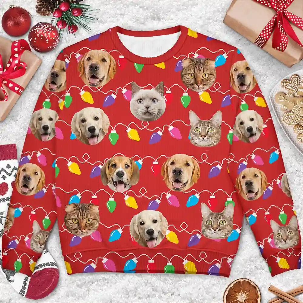 Custom Photo Funny Dog Cat Christmas Light - Personalized Unisex Ugly Sweater - Image 4